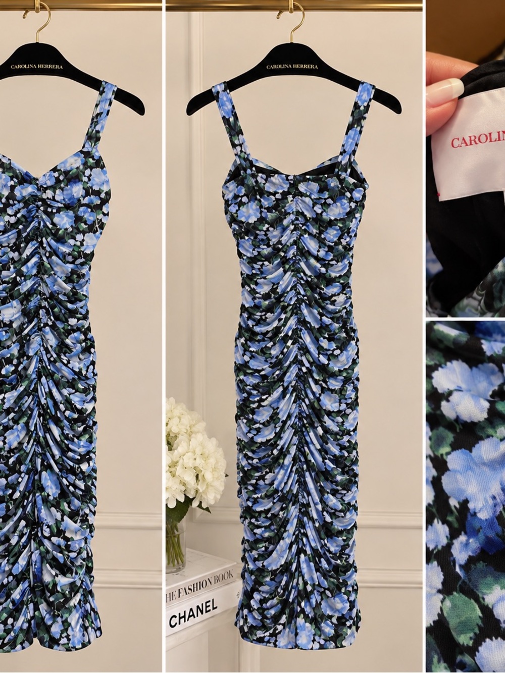 Carolina Herrera Blue and Green Floral Ruched Midi Dress